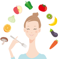 笑顔の女性と野菜と果物
